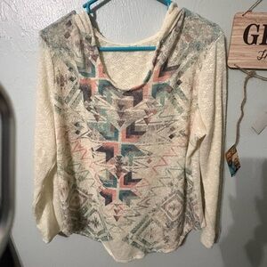 Cream Aztec Hooded Long Sleeve Top with Teal & Coral Print